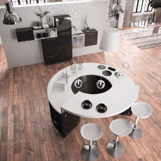 Vue haut Table Cuisine design, haut de gamme et ronde. Sur-mesure en noire avec bar