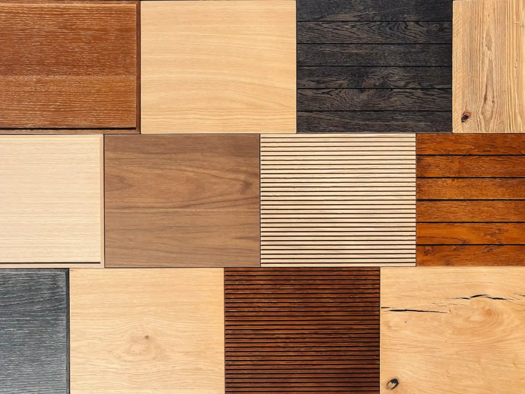 La palette de coloris bois de la nouvelle collection de cuisines Morel. Le bois se décline sous toutes ses formes : teinté, vernis, avec ou sans noeuds.