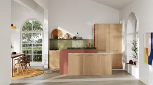 Cuisine biosourcée Fleurs par Morel, façades teintes bois et îlot central