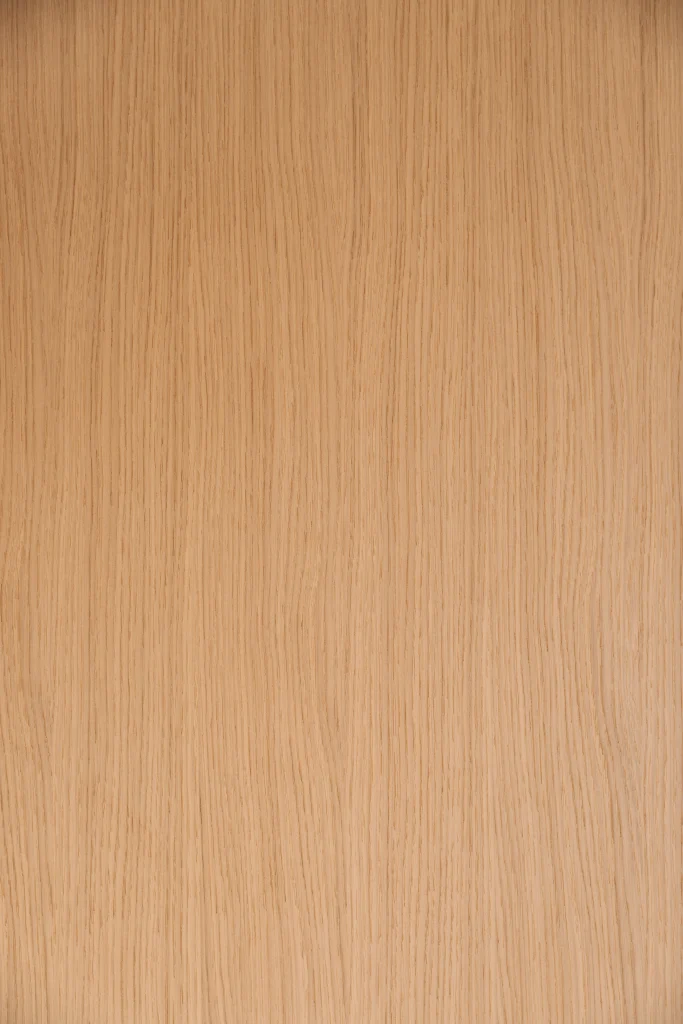 Gros plan détaillé sur la texture du placage chêne véritable avec grain vertical, coloris chêne naturel. Texture bois clair pour façades de cuisine Morel.