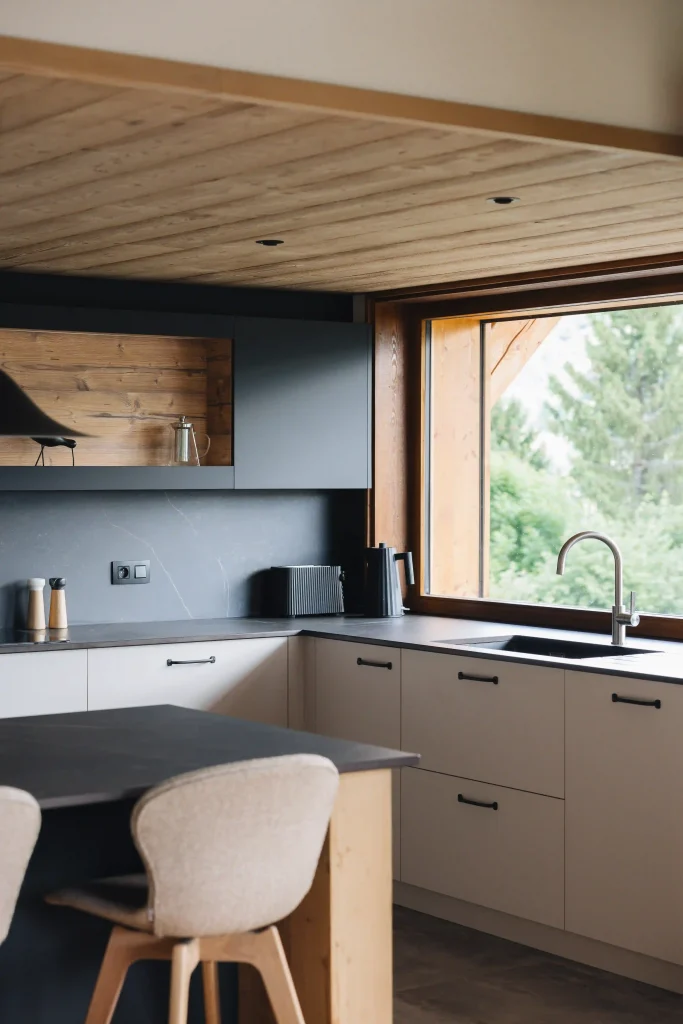 Cuisine bois moderne Morel esprit chalet avec façades taupe, plan gris foncé, bois ancien et grande fenêtre sur la nature